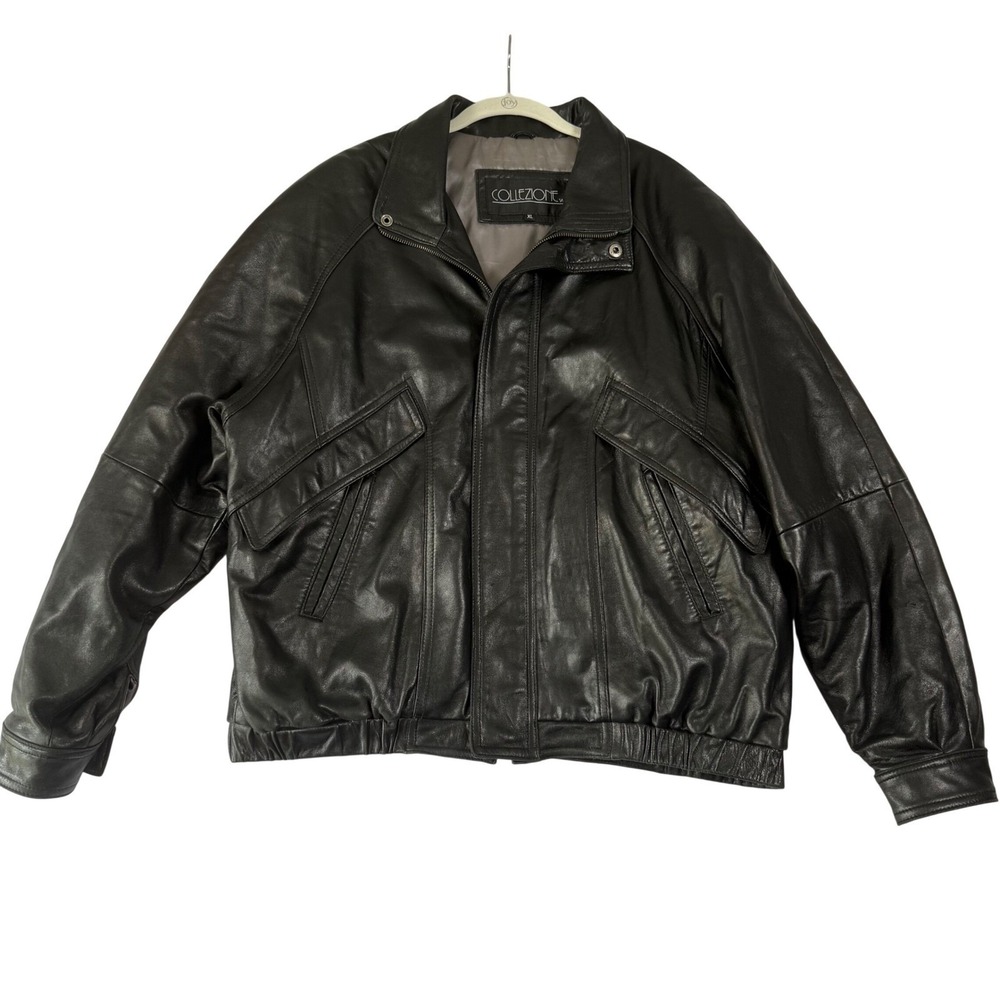 Collezione SA Mens Black Leather Bomber Jacket Vintage 90s XL Grunge Biker Punk